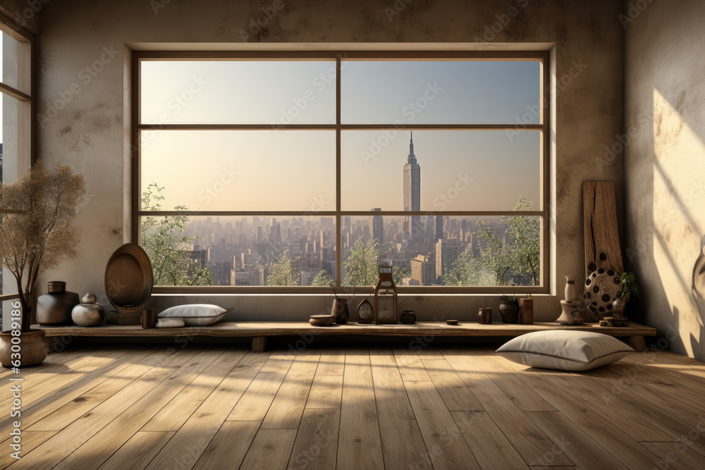 Empty room with windows overlooking the city, in the style of photo-realistic landscapes, rug, light bronze and gray, Japanese urban style. Created with Generative AI Technology.  