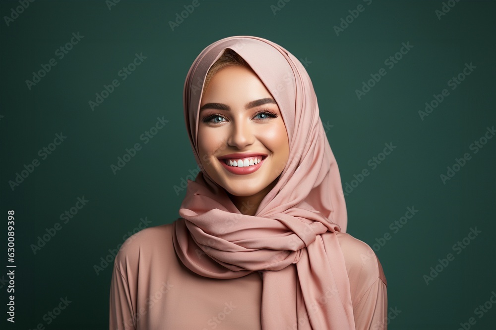 Pretty young muslim woman in hijab, islamic, very happy, pink top, green background, isolated Pretty young muslim woman in hijab, islamic, very happy, pink top, green background, isolated