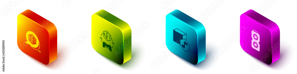 Set Isometric NFT Digital crypto art, and Video graphic card icon. Vector - obrazy, fototapety, plakaty 