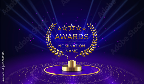 Awards nomination name podium, golden prize event, scene star ceremony. Vector illustration