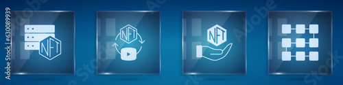 Set NFT blockchain technology, Digital crypto art, and . Square glass panels. Vector