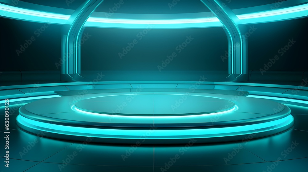 Futuristic Room in Turquoise Colors with beautiful Lighting. Stunning Background for Product Presentation.