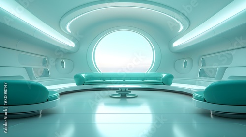 Futuristic Room in Turquoise Colors with beautiful Lighting. Stunning Background for Product Presentation.