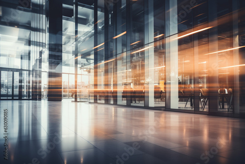 Business, interior concept. Blurred image of business office building interior. Sunlight beams effect. Background with copy space. Generative AI