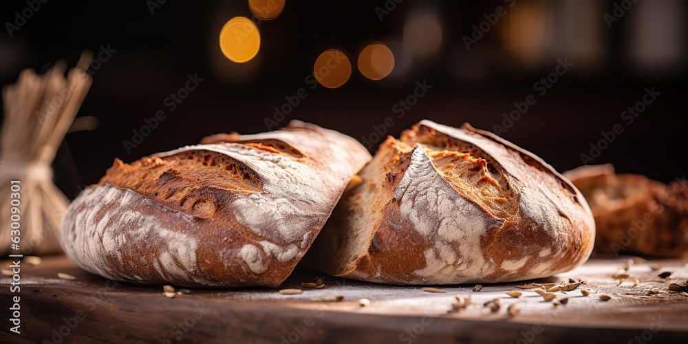 AI Generated. AI Generative. Fresh organic baked bakery wheat bread on wooden table. Cozy kitchen vibe. Graphic Art AI Generated. AI Generative. Fresh organic baked bakery wheat bread on wooden table. Cozy kitchen vibe. Graphic Art