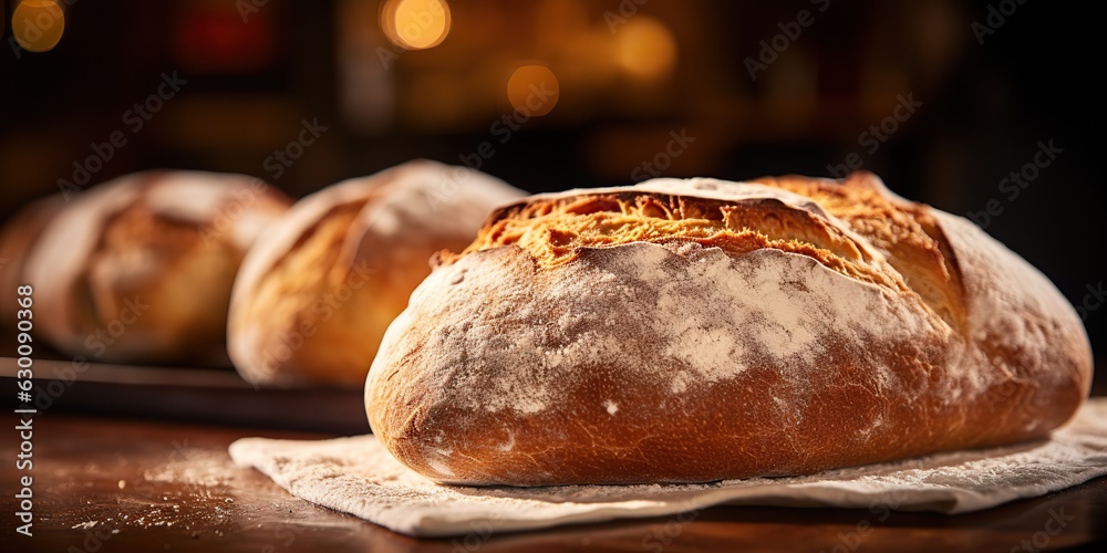 AI Generated. AI Generative. Fresh organic baked bakery wheat bread on wooden table. Cozy kitchen vibe. Graphic Art