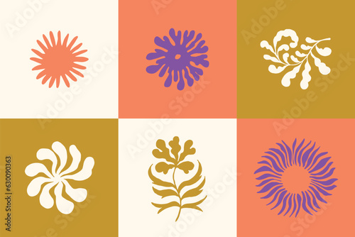 Groovy flowers vector illustration set. Template for wallpaper, banner, postcard, poster, wall art