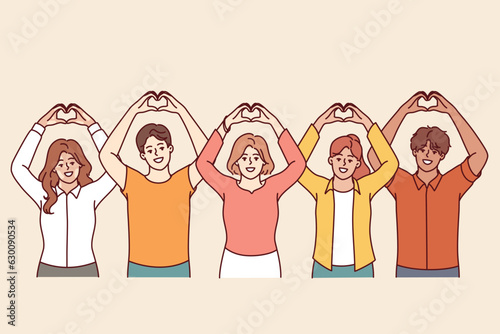 Kind people volunteers making heart shape with fingers and raising hands above heads. Men and women volunteers calling to make donations to charitable foundation to help those in need