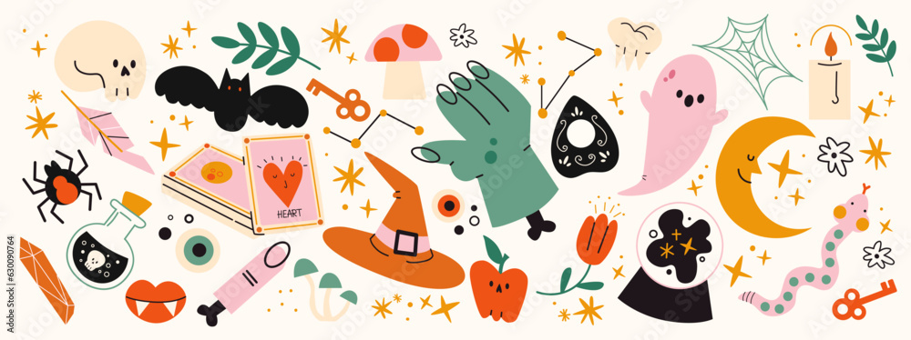 Cartoon set of stickers of magic and witchcraft. 90s wild magic design. botanical elements,skull,cards,hand,eye,potion. Halloween set Cartoon set of stickers of magic and witchcraft. 90s wild magic design. botanical elements,skull,cards,hand,eye,potion. Halloween set