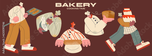 Retro characters bakers from the 90s cooking. Cartoon vintage style, groovy illustration of a bakery, coffee house, dough,buns. Chef in the uniform baking bread