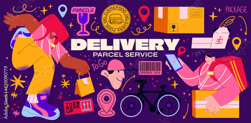 Cartoon stickets,characters fast delivery service. Couriers deliveries of food and parcels on bike, e-commerce concept. Online pizza delivery order 