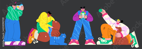 Cartoon characters people and their pets in the style of the 90s. Groovy style, men and women with dogs, cats. Shelter pet kennel, pet shop concept