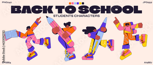 Cartoon retro girls characters back to school in 90s style. Teenage artists with a pencil in a hippie groovy style. Stickers collection