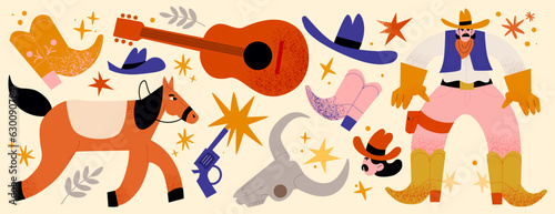 Retro stickers and characters cowboys 90s. Cartoon vintage style, groovy illustration of wild west, ranch, horse. Western country mascot	