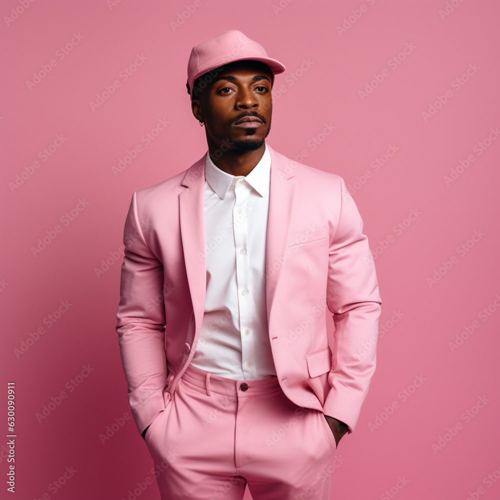 Black man in pink clothes on a pink background. Generative AI. Black man in pink clothes on a pink background. Generative AI.