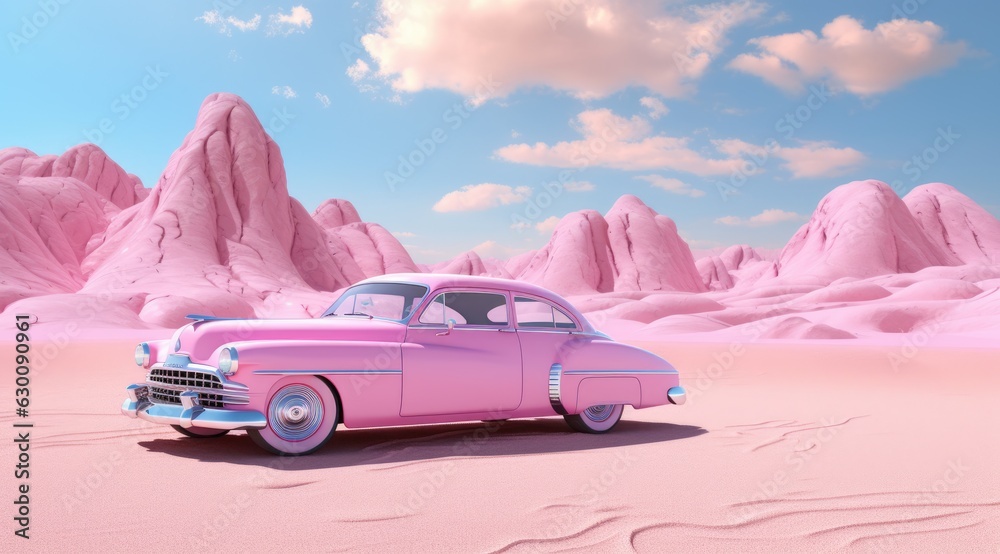 Classic pink car in pink style - obrazy, fototapety, plakaty 