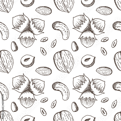 Vector seamless pattern with a variety of nuts in vintage style.