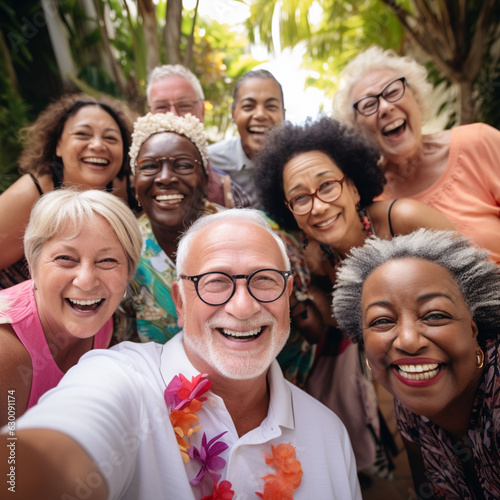 Diverse group of Senior friends selfie. Generative AI.