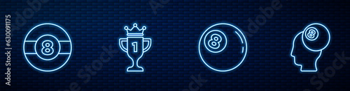 Set line Billiard ball, , Award cup and . Glowing neon icon on brick wall. Vector
