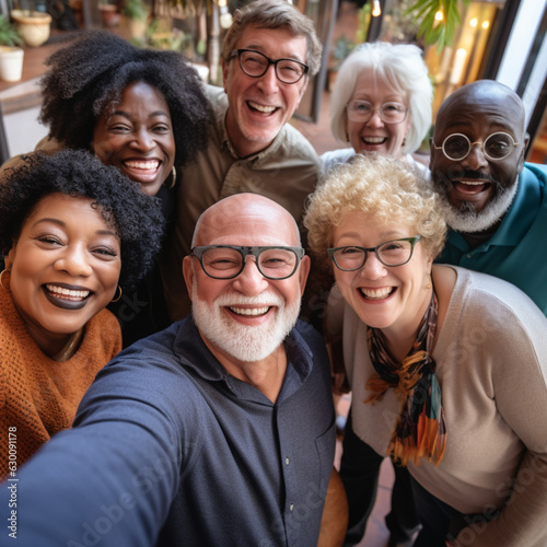 Diverse group of Senior friends selfie. Generative AI.