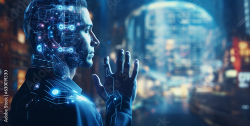 Man intently observes a lifelike AI in the form of a luminous human hologram. artificial intelligence, future of human-AI interaction, holographic technology (Generated with AI)