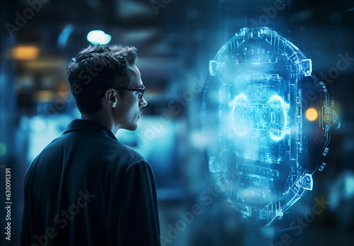Man intently observes a lifelike AI in the form of a luminous human hologram. artificial intelligence, future of human-AI interaction, holographic technology (Generated with AI)