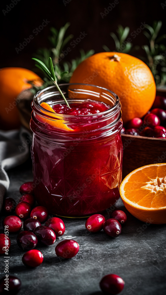 Cranberry, Orange, and Rosemary Sauce in a glass jar with fresh oranges and cranberries on the background