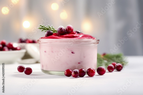 Cranberry Cream in a glass jar topped with a layer of Cranberry Puree. Side view on a light background. 