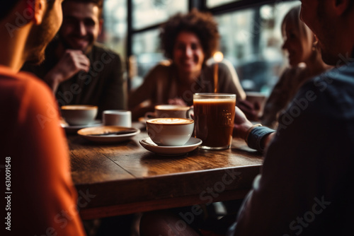 Lifestyle  friendship  food and drinks concept. Group of happy friends drinking coffee and talking with each other in cafe. Generative AI