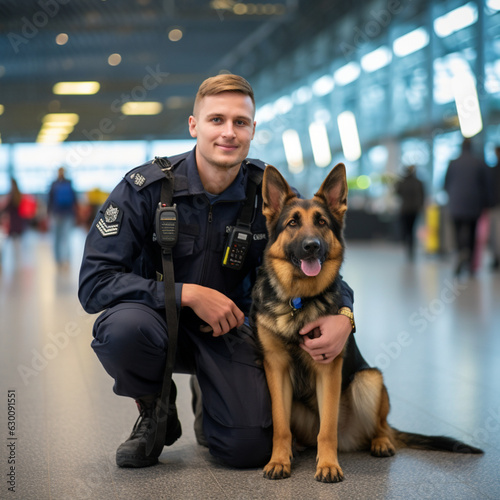 Police officer next to a police dog at the airport. Generative AI.