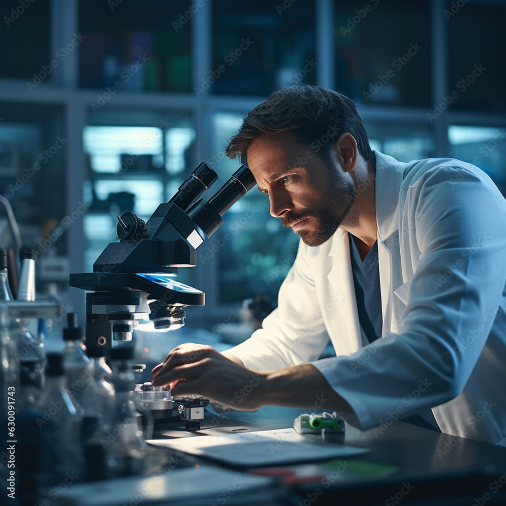 Scientist working in a laboratory with a microscope. Generative AI. Scientist working in a laboratory with a microscope. Generative AI.