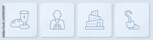 Set line Goblet and bread, Babel tower bible story, Hands in praying position and Magic staff. White square button. Vector