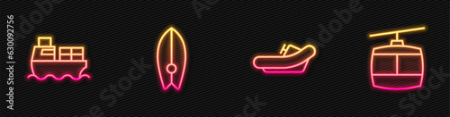 Set line Rafting boat, Cargo ship with boxes delivery, Surfboard and Cable car. Glowing neon icon. Vector