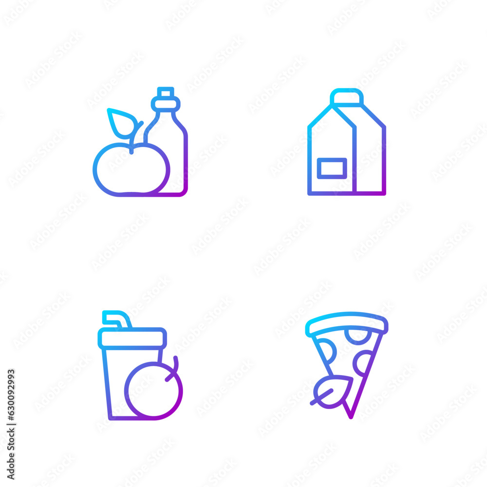 Set line Vegan pizza slice, Fresh smoothie, Apple cider vinegar in bottle and Paper package for milk. Gradient color icons. Vector Set line Vegan pizza slice, Fresh smoothie, Apple cider vinegar in bottle and Paper package for milk. Gradient color icons. Vector