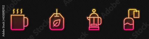Set line French press, Cup of tea, Tea bag with leaf and . Glowing neon icon. Vector