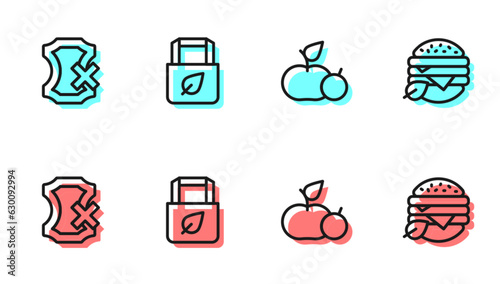 Set line Apple, No leather, Shopping bag with recycle and Vegan food diet icon. Vector