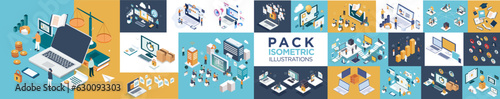 isometric business illustration pack : feedback, marketing,learning,...
