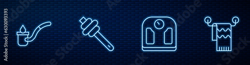 Set line Bathroom scales, Sauna ladle, Honey dipper stick and Towel hanger. Glowing neon icon on brick wall. Vector