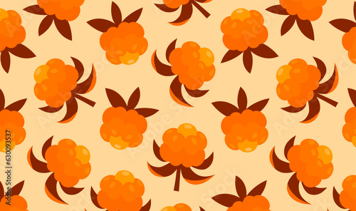 Arctic cloudberry seamless pattern on beige background. Nordic berry wallpaper. Orange berry design for packaging paper, textiles, fabric.