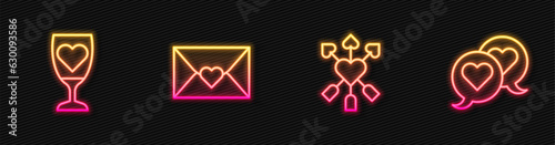 Set line Amour with heart and arrow, Glass of champagne, Envelope Valentine and Heart speech bubble. Glowing neon icon. Vector