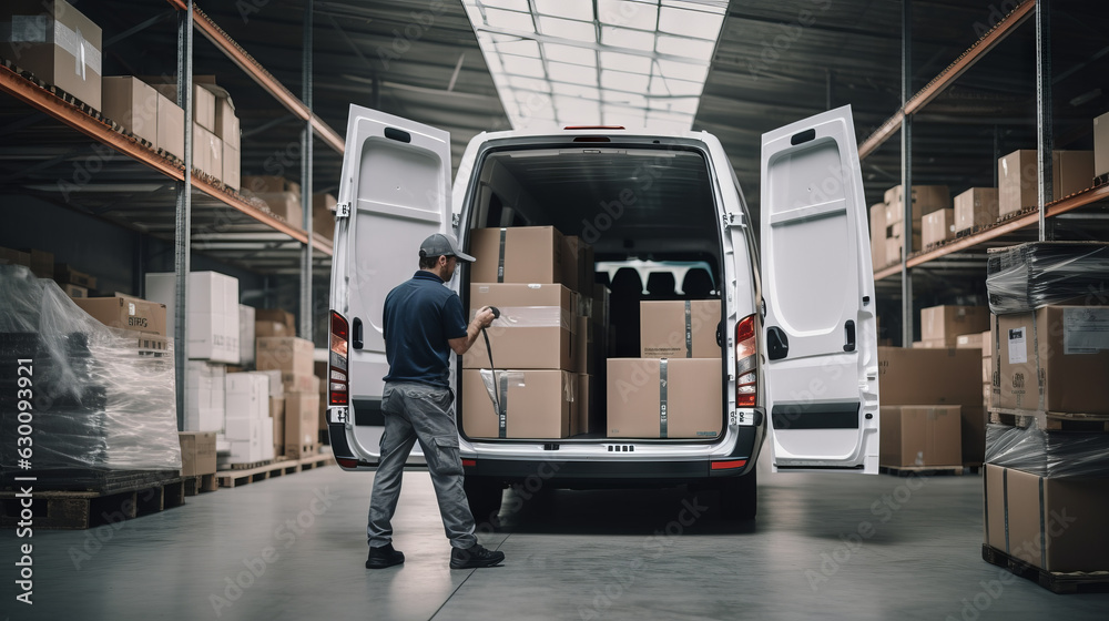 Fototapeta premium Logistics Retailer Warehouse, Worker Loading Delivery Truck with Cardboard Boxes. Online Orders, Purchases, E-Commerce Goods, Merchandise. Generative AI.