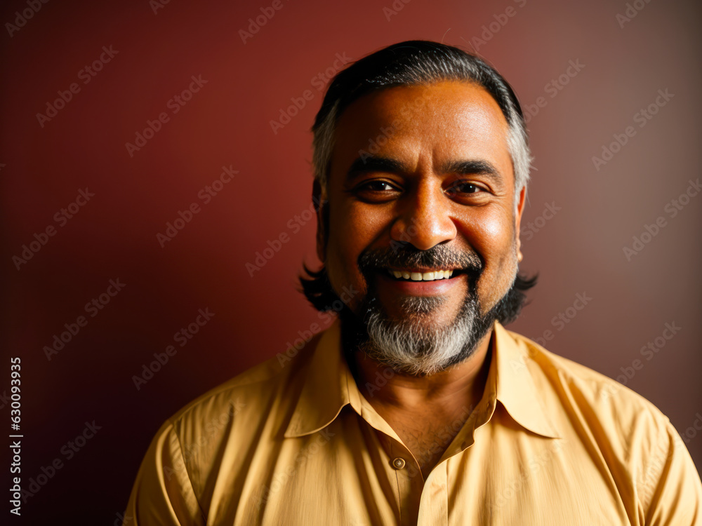 Portrait of the middle age bearded indian man with a cheerful smile wearing a bright indian traditional shirt. Concept of active age.
