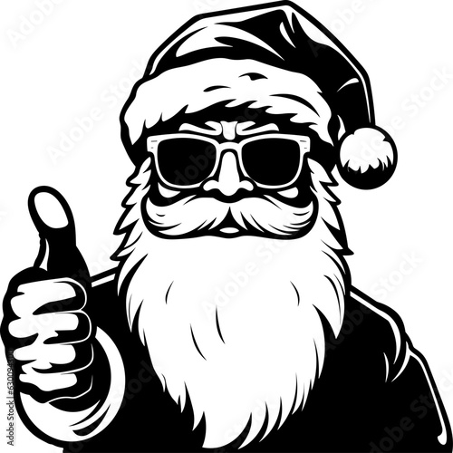 Santa Claus wearing sunglasses giving thumbs up black silhouette vector logo