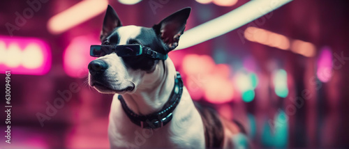 A wide angle shot of a cute dog wearing in glasses and sitting on background of a blurred cyberpunk city panorama with bright neon lights. Retro synthwave vibes. Futuristic wallpaper.
