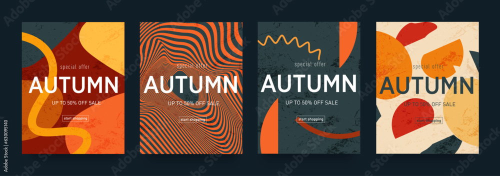 Set Autumn Design with Graphic Memphis Element. Modern Abstract Background Patterns in Retro Style for Advertising, Web, Social Media, Poster, Banner, Cover. Sale offer 50%. Vector Illustration