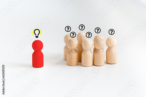 Outstanding red people model with light bulb icon and question mark symbol. Concept creative idea and innovation. Human resource and talent management