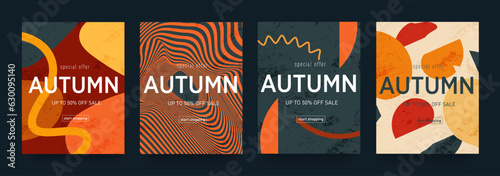 Set Autumn Design with Graphic Memphis Element. Modern Abstract Background Patterns in Retro Style for Advertising, Web, Social Media, Poster, Banner, Cover. Sale offer 50%. Vector Illustration