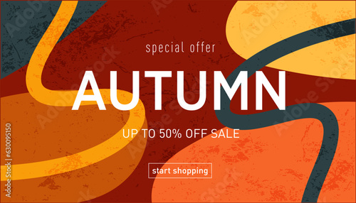 Modern Autumn  Design with Abstract Graphic Memphis Element. Background Patterns in Retro Style for Advertising, Web, Social Media, Poster, Banner, Cover. Sale offer 50%. Vector Illustration
