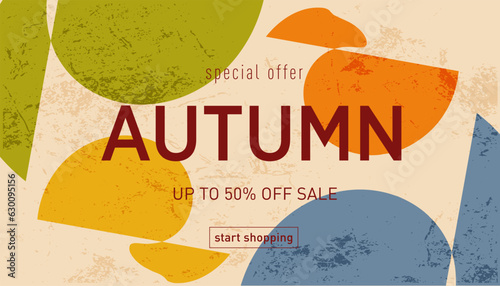 Abstract Autumn Design with Graphic Memphis Element. Modern Background Patterns in Retro Style for Advertising, Web, Social Media, Poster, Banner, Cover. Sale offer 50%. Vector Illustration