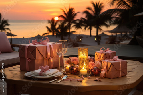 Christmas romantic dinner with gifts on a tropical sunset. Christmas Holiday on the tropical beach background. 